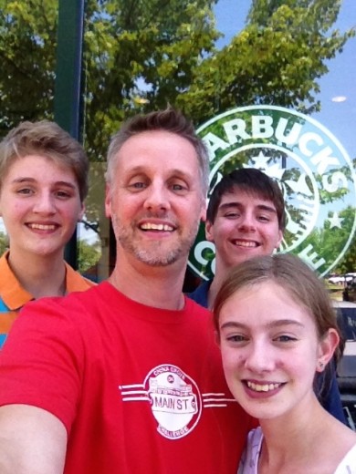 Here's the picture I snapped with my kids OUTSIDE the Starbucks (since we couldn't take it inside)